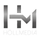 Logo von Höllmedia, dem größten Partner von Sally und Francis. Das Logo ist ein großes H und ein großen M, die ineinander übergehen. Darunter steht Höllmedia.